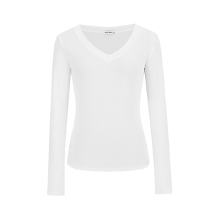 MosesQueen魔西女王白色v领正肩长袖t恤女春秋冬内搭打底衫上衣服