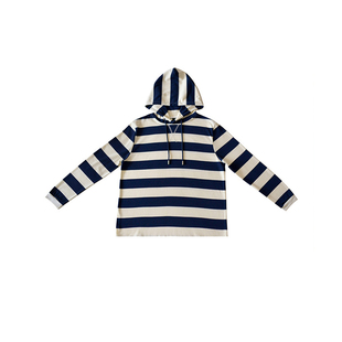 H AND E 原创童装2026春季休闲纯棉藏蓝米色条纹连帽卫衣女童亲子