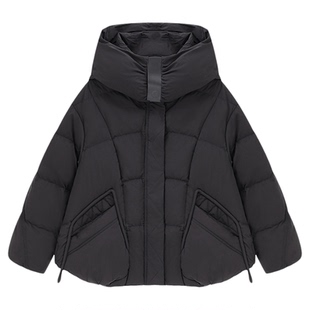 Basic House/百家好黑色连帽泡芙羽绒服女冬季保暖小个子短款外套