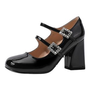 真皮~骄屿法式玛丽珍高跟鞋春秋水钻方头漆皮气质粗跟单鞋不累脚