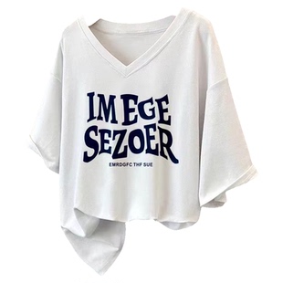 春装韩版胖妹妹V领字母印花长袖女款加大码上衣2025年春季舒适T恤