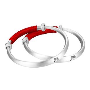 九乐足银999萌兔宝宝推拉银手镯实心拉丝纯银儿童镯子婴儿周岁礼