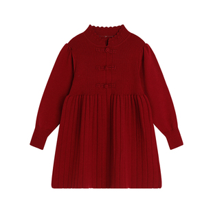 沫沫家童装冬装女童洋气裙子2026秋冬季新款儿童红色新中式连衣裙