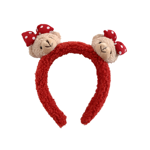 圣诞红色蝴蝶结小熊发箍女可爱毛绒新年头饰百搭洗脸发卡秋冬头箍