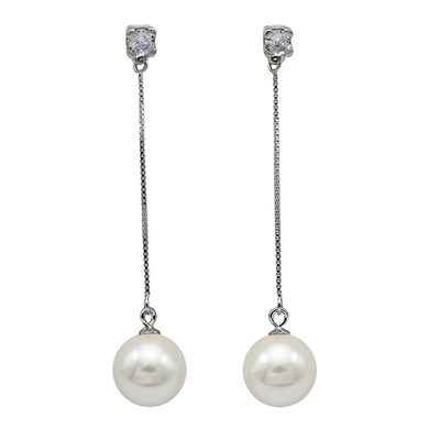 纯银法式镶钻珍珠长款耳钉