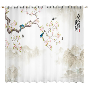 全屋定制新中式美式花鸟画窗帘美式中国风古典客厅书房遮光窗纱帘