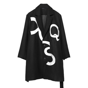 潮男原创暗黑欧美风撞色刺绣拼接痞帅外套中长款毛呢大衣男秋冬装