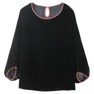 丝艺 香云纱拼接丝绒真丝上衣女100%桑蚕丝圆领宽松灯笼袖小衫秋