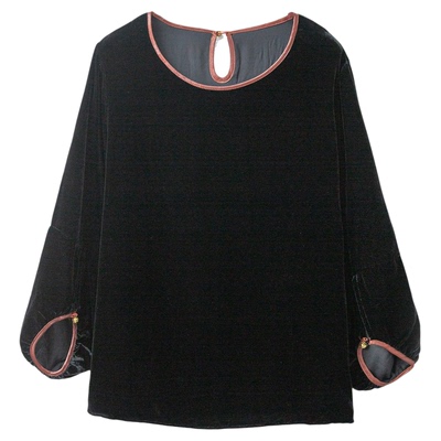 丝艺 香云纱拼接丝绒真丝上衣女100%桑蚕丝圆领宽松灯笼袖小衫春