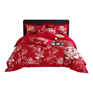 高档100S长绒棉红色结婚四件套纯棉新婚陪嫁床上用品婚庆床单被套
