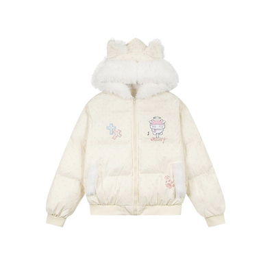 GSGF原创设计波点猫咪毛领立耳连帽棉服外套女保暖可爱百搭面包服