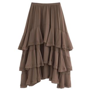 AZure温柔风复古半身裙不规则设计A字蛋糕裙法式层叠荷叶边拖地裙