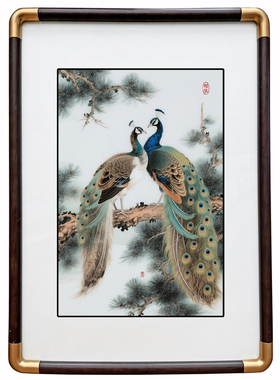 四九艺社 景德镇松间相依图瓷板画茶室书房新中式孔雀花鸟装饰画
