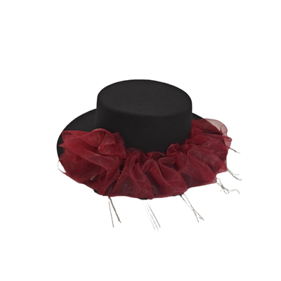 小众褶皱网纱流苏仿毛呢平顶礼帽