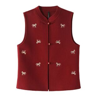 新中式立领双面呢马甲女2026马年战袍高级感小马刺绣羊毛背心外套