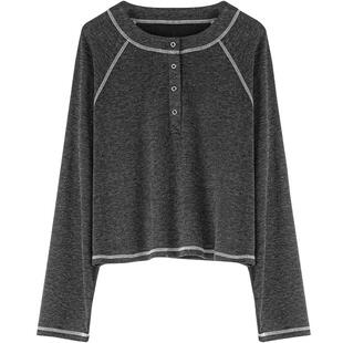 LAGOGO深灰色亨利领长袖T恤女拉谷谷2026年春新款宽松慵懒上衣