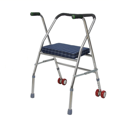大华社助行器不锈钢四脚折叠拐杖凳残疾人带轮带座椅子手推学步车