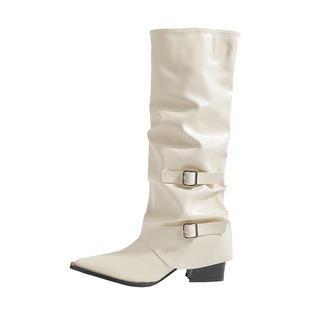 真皮~骄屿尖头裤筒靴粗跟长靴2025新款欧美辣妹高筒不过膝长筒靴