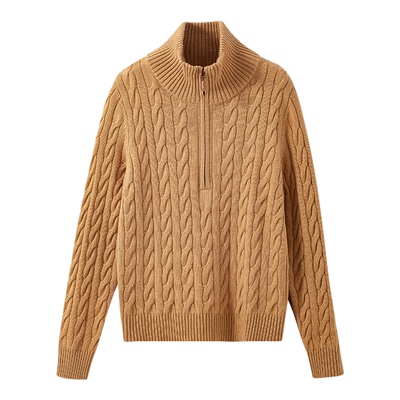 老钱风半拉链高领绞花羊毛羊绒衫