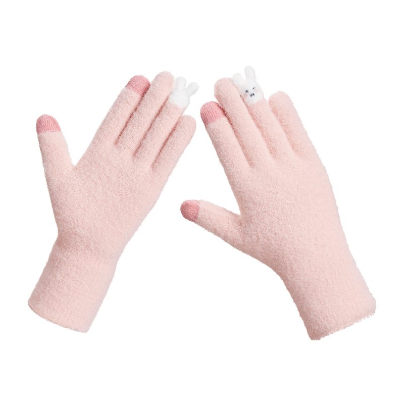 ohsunny指尖卡通保暖手套秋冬毛线护腕加绒触屏户外骑行毛绒手套