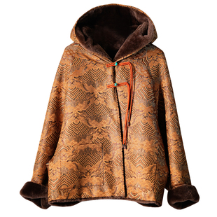 复古日记新中式桑蚕丝织锦缎羊毛羊皮带帽大衣国风女外套23HW119