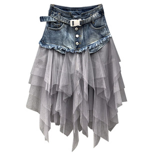 韩国女装2026春季新款韩版网纱拼接高腰显瘦牛仔半身裙中长款纱裙