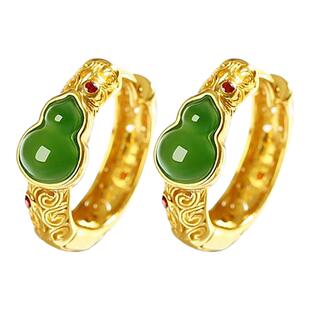 宫里上新葫芦耳饰女花丝纯银耳钉和田玉冬季耳环耳圈生日新年礼物