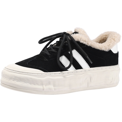 BellaLily2025冬季新款厚底加绒德训鞋女保暖牛皮板鞋百搭小黑鞋