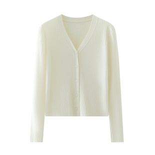 好品质四季穿针织羊绒衫女士V领长袖抽条开衫外套贴身保暖羊毛衫