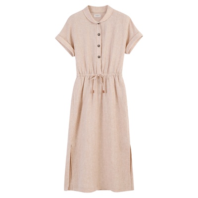 LAFAYETTE148拉飞逸亚麻抽绳收腰连衣裙衬衫裙翻领女士短袖收腰裙