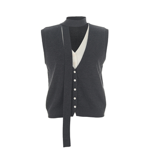 【明星同款】wana try绵羊毛假两件含围巾开衫春季新品韩系上衣女