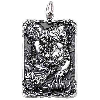 霸气足银貔貅关公纯银吊坠男士