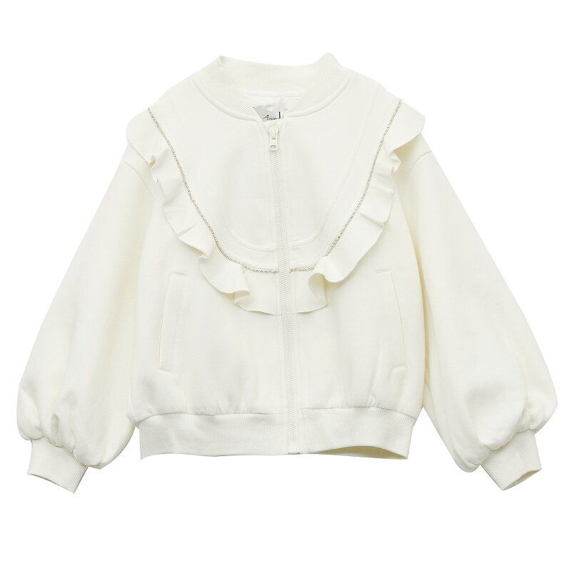 ANMO安墨女童短款棒球服外套秋季新款中大童荷叶边纯色开衫外上衣