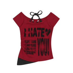 F383 美式做旧字母假两件露肩挂脖短袖夏季女修身显瘦短上衣T恤潮