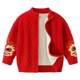 男童拉链毛衣开衫加绒外套红色新年服拜年装冬季儿童加厚线衣8156