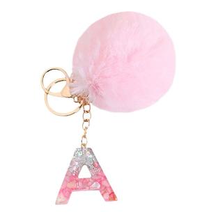 滴胶26个英文字母粉色毛球钥匙扣挂件简约欧美个性礼物包包小挂饰