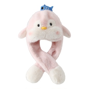 一捏会动会叫儿童可爱企鹅毛绒帽围巾一体冬季宝宝加绒保暖套头帽