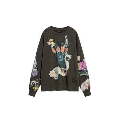 Desigual25秋冬新品花束刺绣拼贴插画印花设计圆领女式卫衣