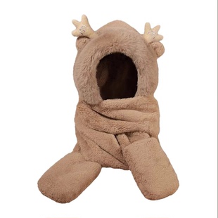 鹿角帽子围巾一体围脖毛绒可爱女冬骑行护头防风加绒加厚保暖手套