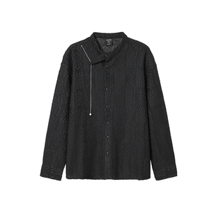 韦恩泽维尔大码轻奢黑色衬衫男长袖宽松痞帅暗纹蕾丝立领衬衣8946