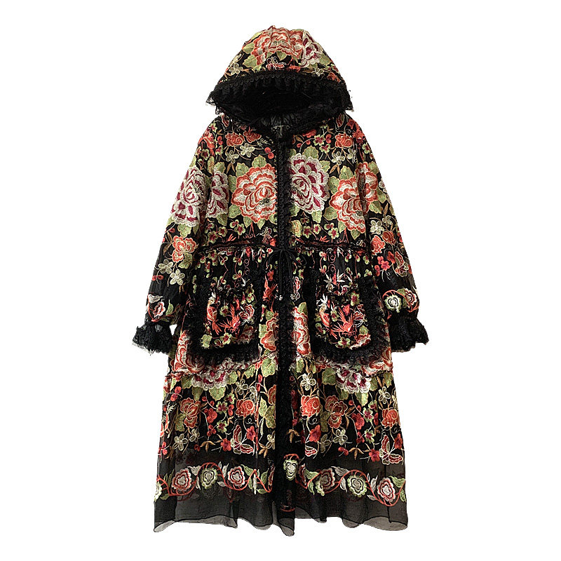 黑色显瘦刺绣桑蚕丝棉服女