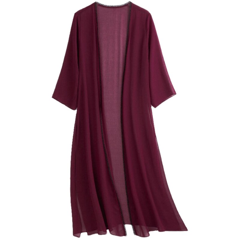 夏季薄真丝外披长开衫雪纺外搭中长款防晒衣女开叉桑蚕丝披肩外套