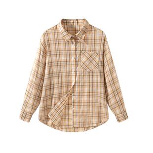 班尼路美式复古格子衬衫女春夏新款柔软亲肤宽松休闲POLO领外套Q