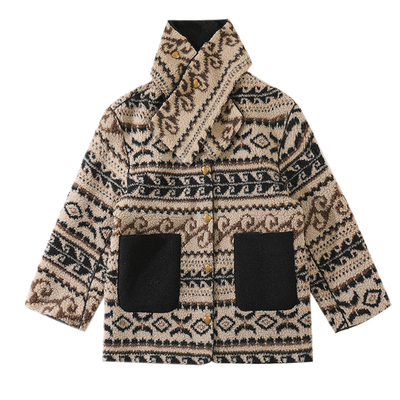 大于诗集 费尔岛庄园 两面穿外套女羊羔绒皮毛一体几何花纹上衣冬