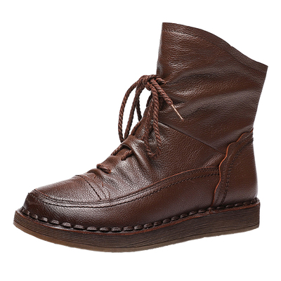 休闲平底复古手工缝制短靴真皮