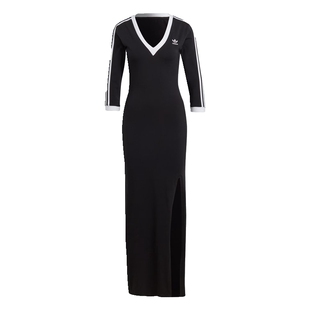 阿迪达斯三叶草女子新款复古侧开叉中袖V领连衣裙II0750 IK0439