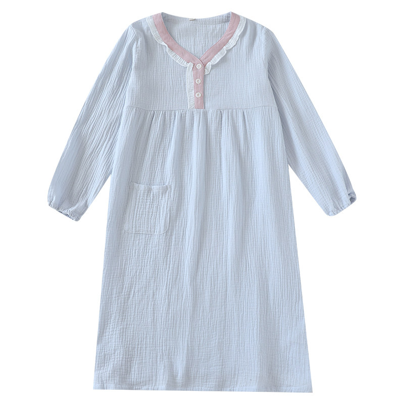 花边睡裙女春秋季纯棉长袖裙子宽松夏款外穿家居服睡衣连衣裙纯色