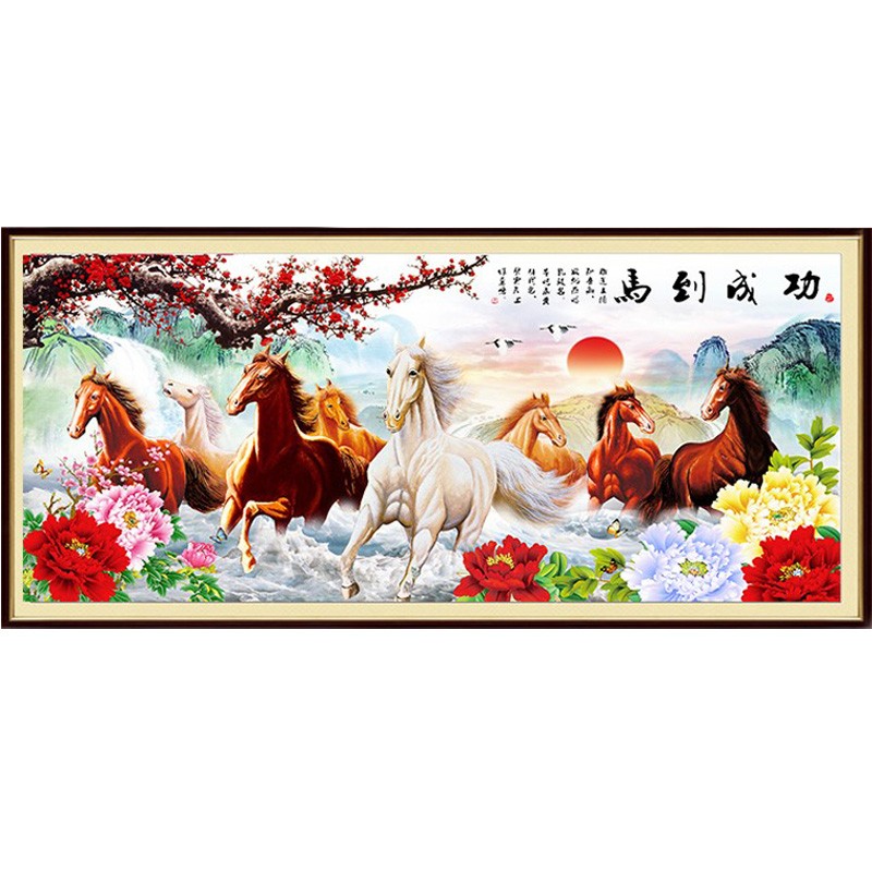 马到成功十字绣成品八骏图纯手工