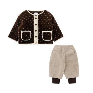 女童冬装撞色外套2025新款碎花毛绒棉衣坑条花边毛衣羊羔毛裤子