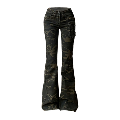 低腰微喇叭迷彩牛仔裤女